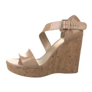 Stuart Weitzman Nude Patent Leather Cork Wedge Sandals Size 8